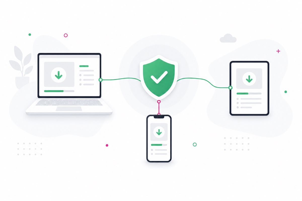 Illustration of secure V2Ray client downloads across desktop, phone, and tablet